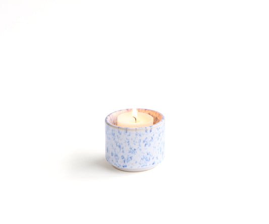 HELIOS - handmade mini urn with tea light holder in white and blue speckled ceramic