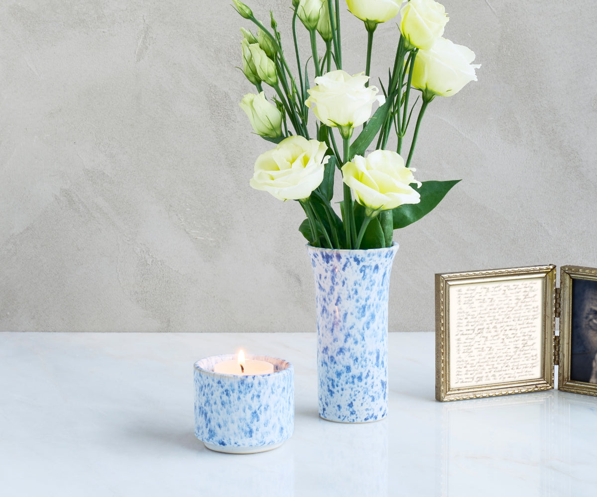 HELIOS - handmade mini urn with tea light holder in white and blue speckled ceramic