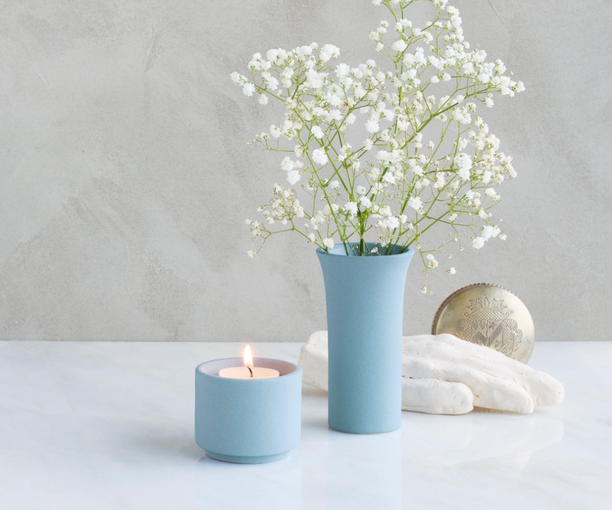 HELIOS - handmade mini urn with tea light holder in gray-blue engobe